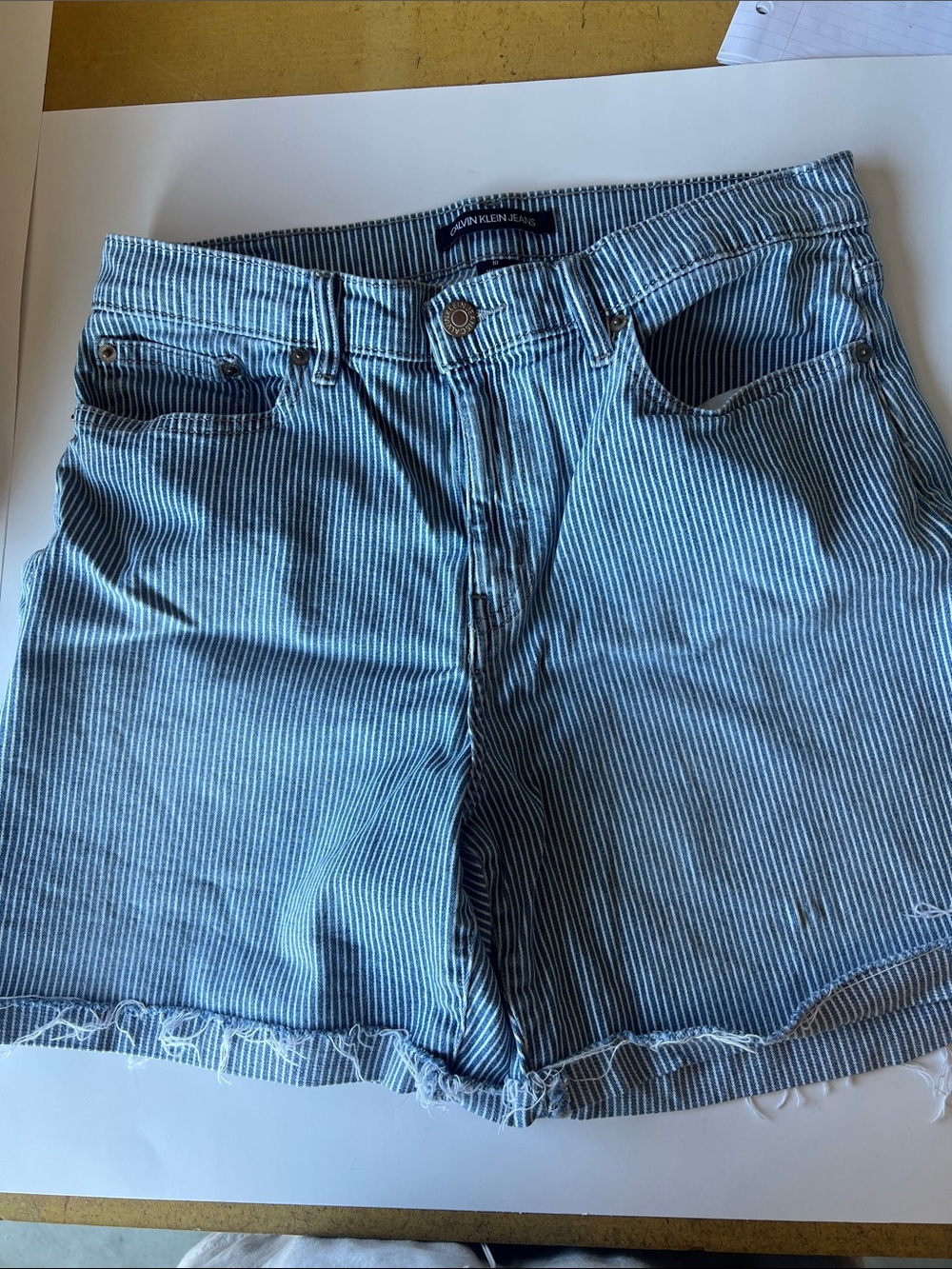Calvin Klein Jeans White and Blue Pinstripe Denim Cutoff Shorts